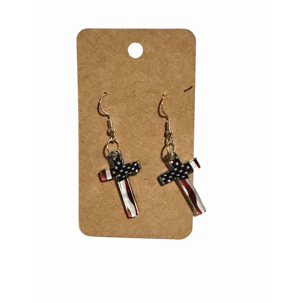 Patriotic American Flag Cross Drop Earrings Red White Blue Stars Stripes Faith
